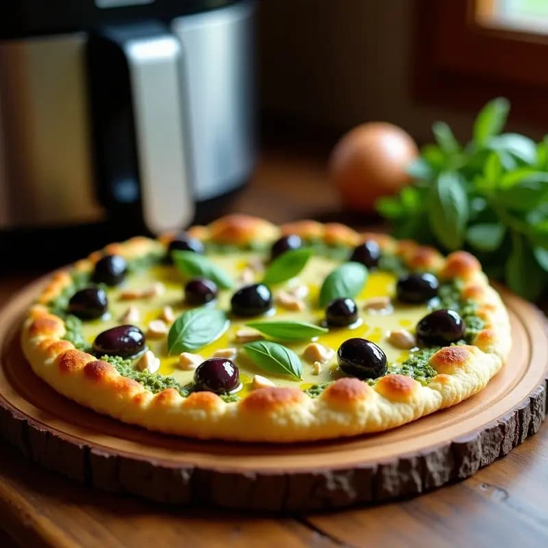 Pizza de Coliflor con Pesto de Alcachofas y Aceitunas Kalamata: Receta Italiana Keto en Airfryer