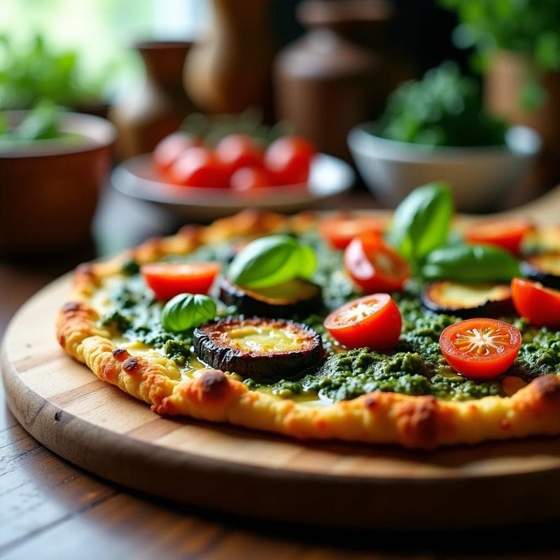 Pizza de Coliflor con Pesto de espinacas y Tombas de Berenjena: Receta Keto en Airfryer
