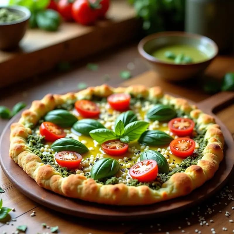 Pizza de Coliflor con Pesto de Albahaca y Queso de Caju: Receta Italiana Vegana y Sin Lactosa