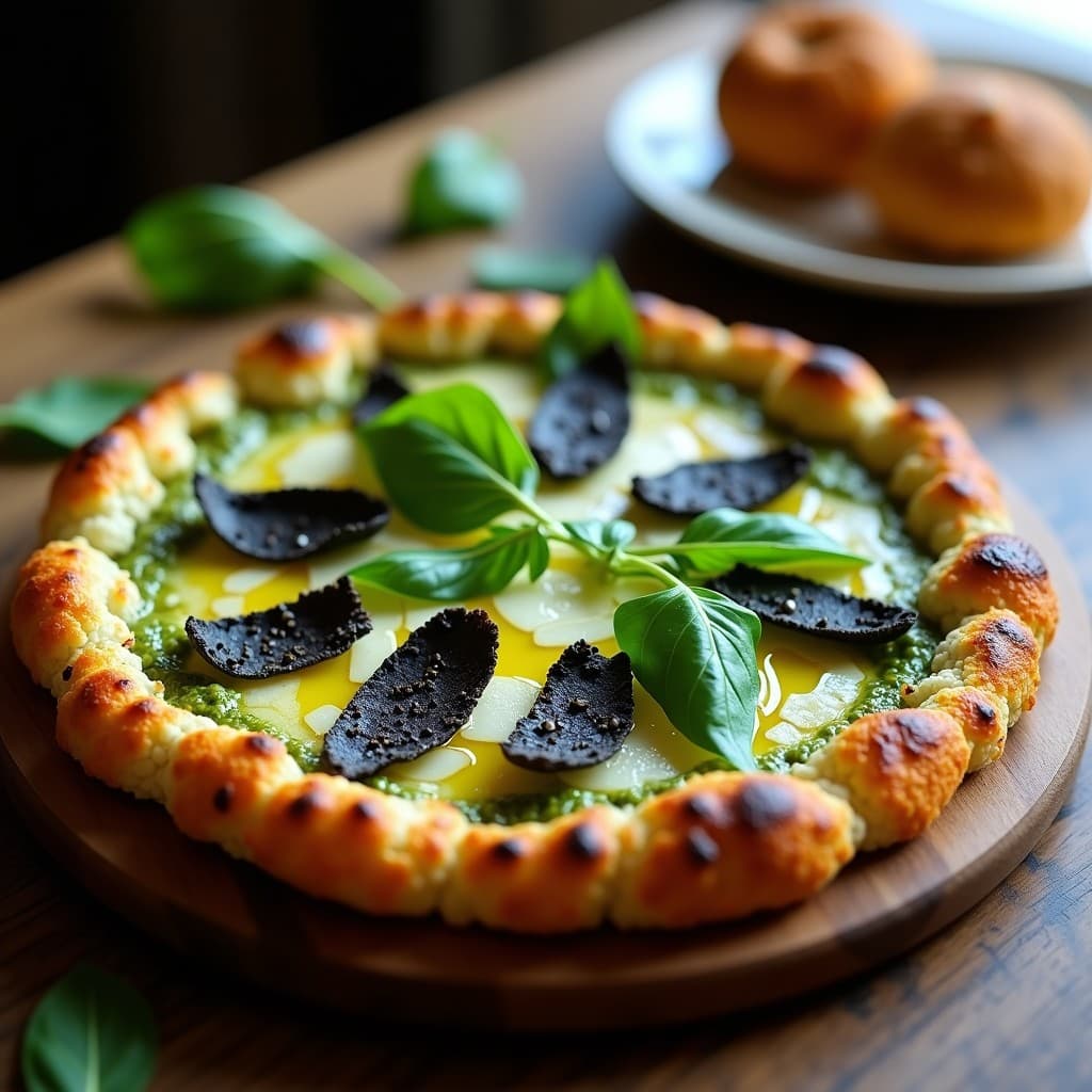 Pizza de Coliflor y Pesto de Rúcula con Virutas de Trufa Negra: Receta Italiana Keto