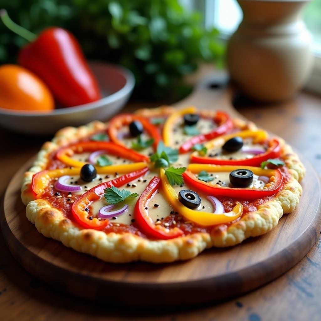 Pizza de coliflor y pimientos asados con salsa de tahini: Receta Vegana y Sin Gluten en Airfryer