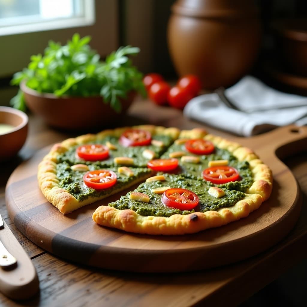 Pizza de Coliflor con Base de Semillas de Chía y Toppings de Pesto de Rúcula y Tomates Secos