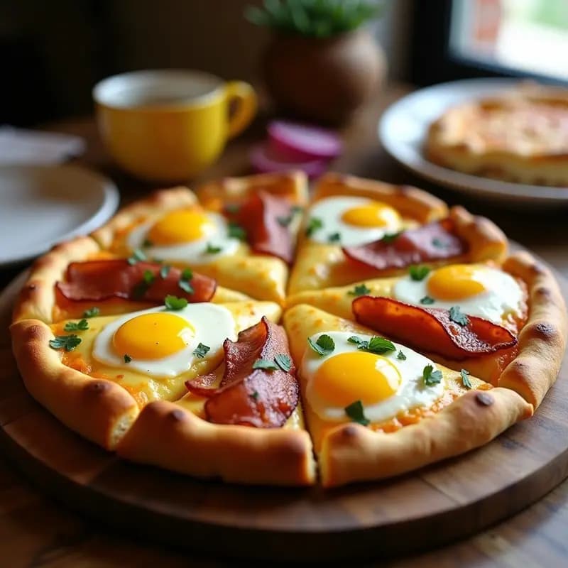 Pizza de Desayuno con Base de Go Sundays, Toppings de Huevos Revuelto, Tocino, Salchichas y Queso Cheddar Fundido