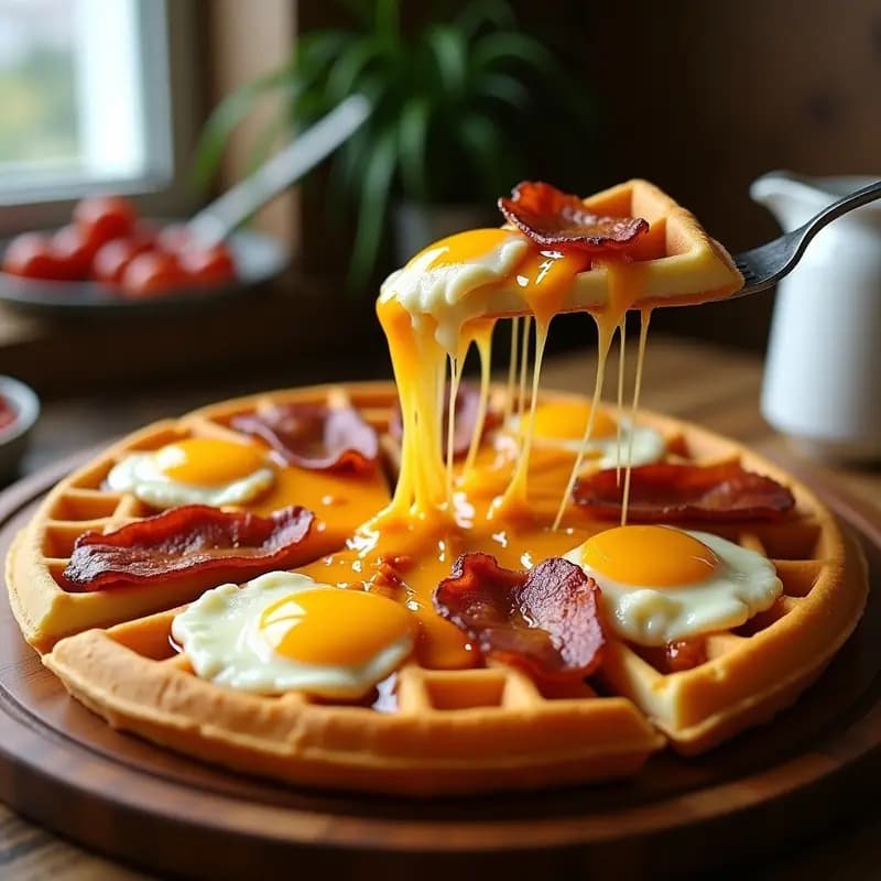 Pizza de Desayuno con Base de Gofres y Toppings de Huevos Revuelto y Tocino Crujiente: Receta para Amanecer con Energía