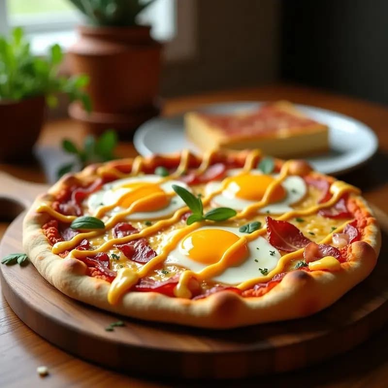 Pizza de Desayuno con Huevo Frito, Bacon, Queso Cheddar y Salsa Hollandaise