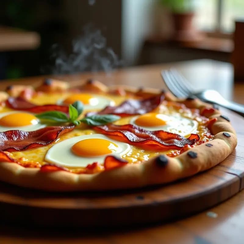 Pizza de Desayuno con Huevos, Bacon, Queso y Salsa Holandes: El Despertar Más Sabroso
