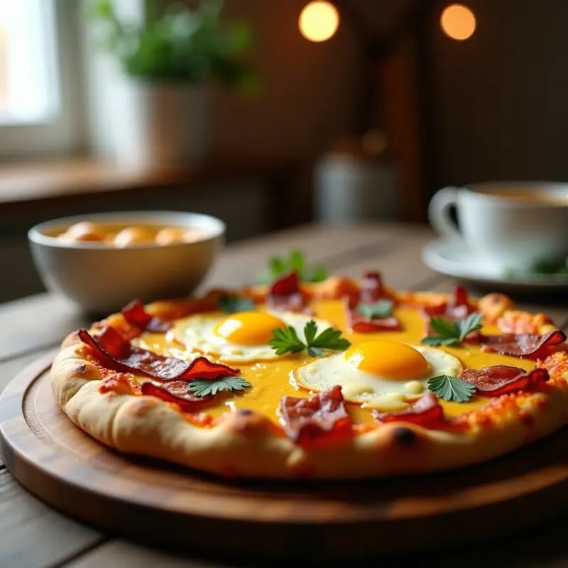 Pizza de Desayuno con Huevos, Tocino, Queso y Salsa Holandesa: Comida para Dormilones