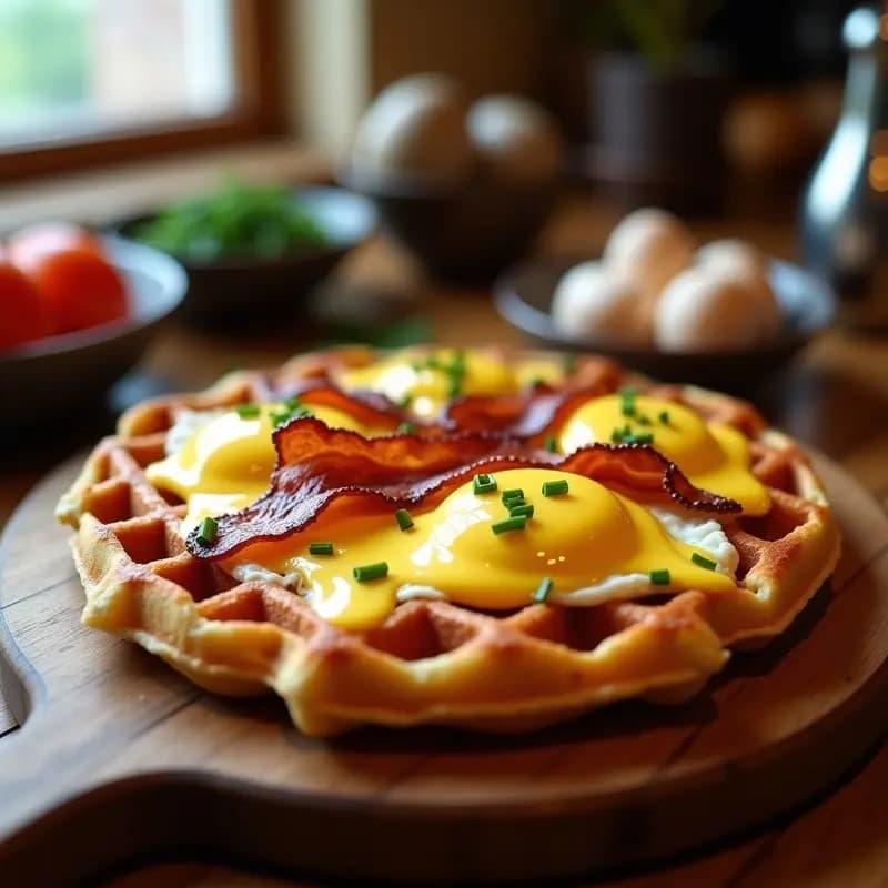 Pizza de Desayuno con Waffles de Base, Huevos Revuelto y Salsa Holandaise: Brunch de Campeones