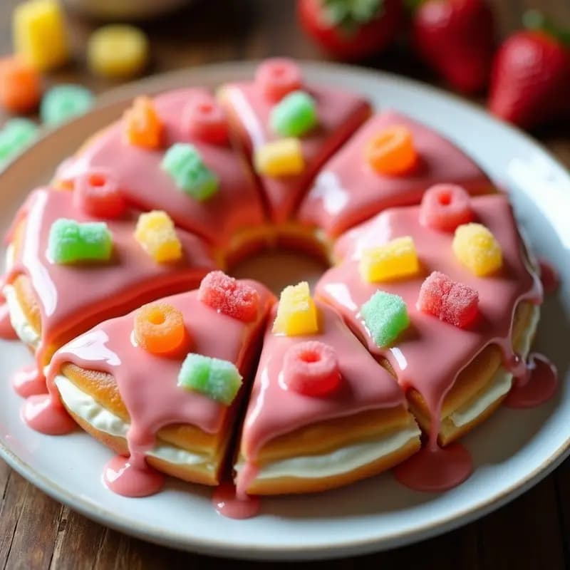 Pizza de Donut con Glaseado de Fresa y Toppings de Gominolas: Postre que Parece un Sueño de Infancia