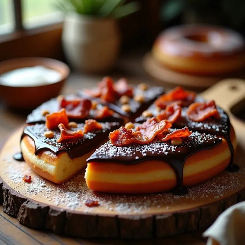 Pizza de Donuts Glaseados con Salsa de Chocolate y Bacon: Receta Dulce-Salada para Amantes del Exceso
