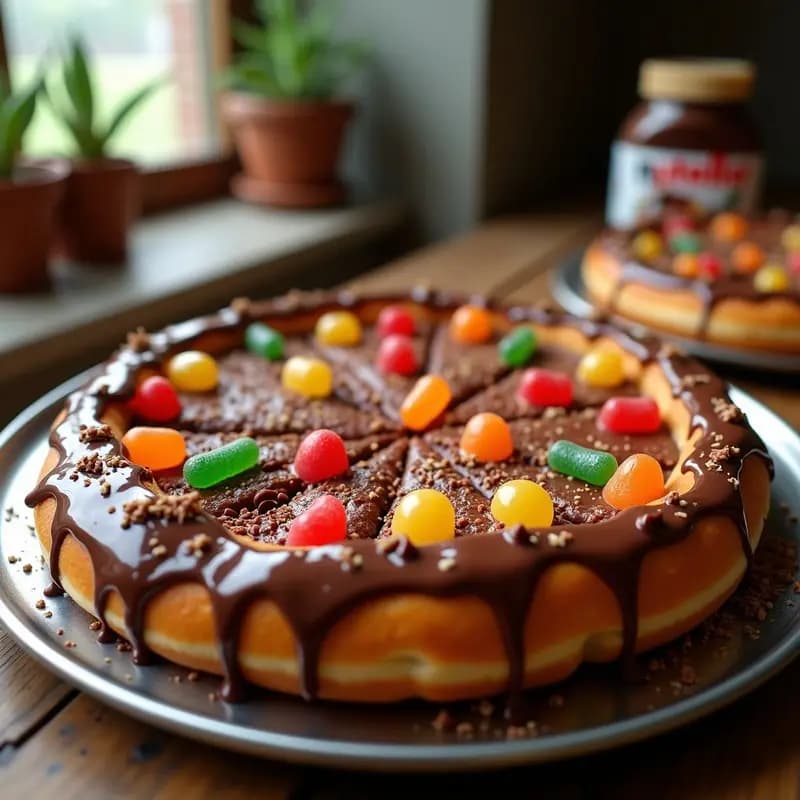 Pizza de Donuts Glaseados con Nutella, Crema de Avellana y Gominolas: Postre Extremo en Formato Pizza