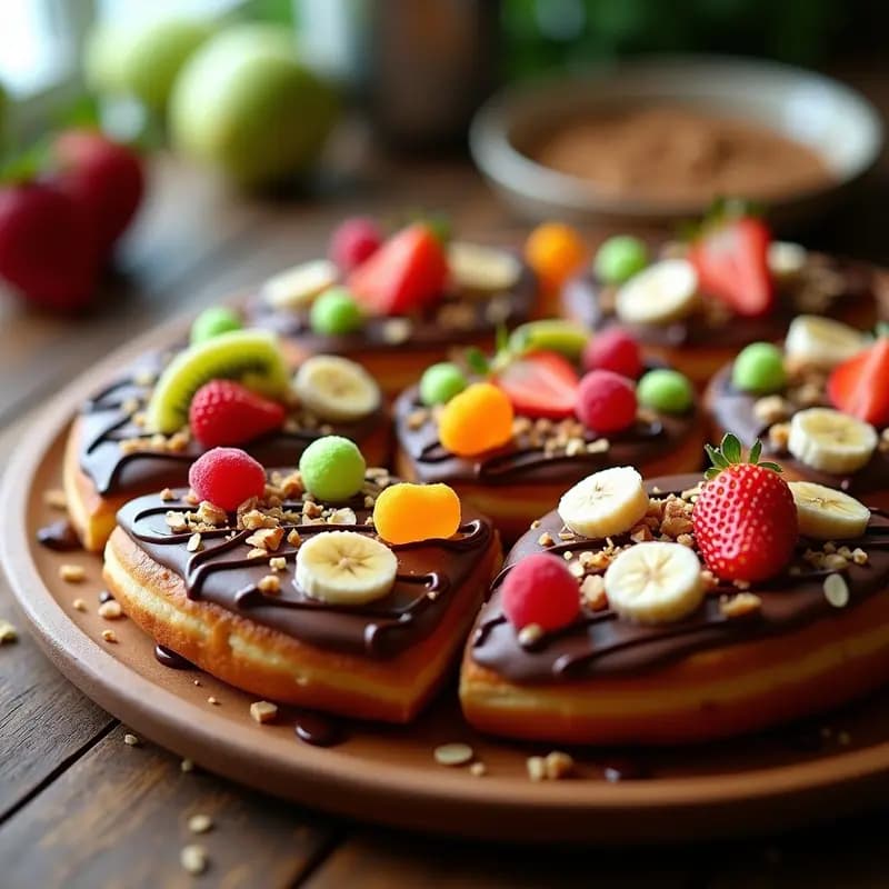 Pizza de Donuts con Toppings de Frutas y Salsa de Chocolate: Postre Pizza Innovador