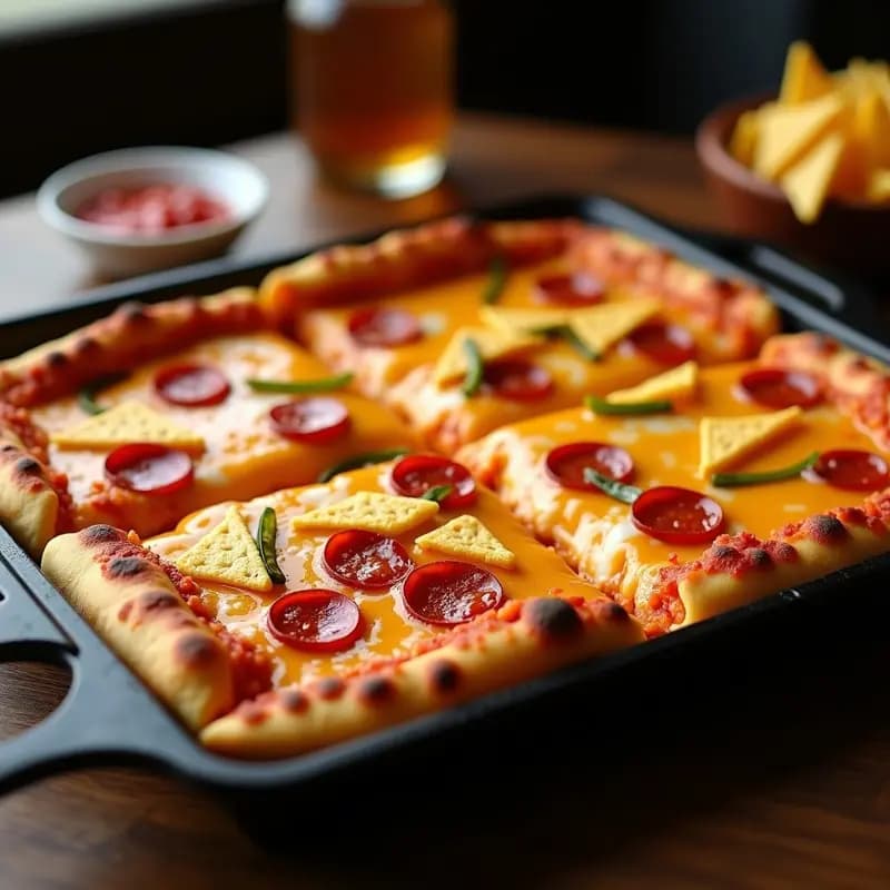 Pizza 4 Estaciones con Base de Doritos y Toppings de Nachos, Queso Fundido y Jalapeños: La Fusión Mexicana más Adictiva