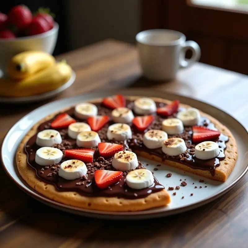 Pizza de Galleta con Salsa de Chocolate, Marshmallows y Frutas: Postre o Desayuno Decadente
