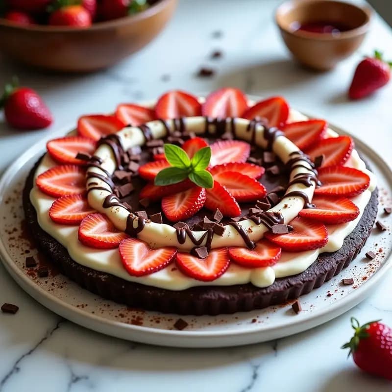 Pizza de Galleta de Chocolate con Queso Mascarpone, Fresas y Salsa de Chocolate Blanco