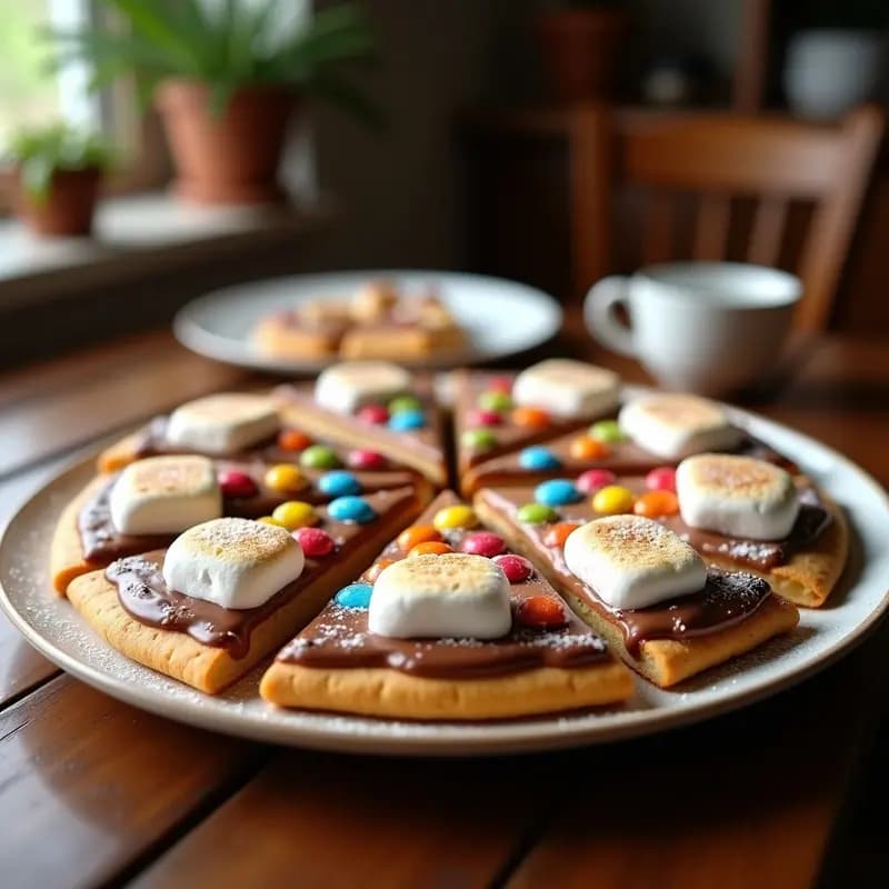 Pizza de Galleta con crema de avellanas, malvaviscos y lacasitos fundidos