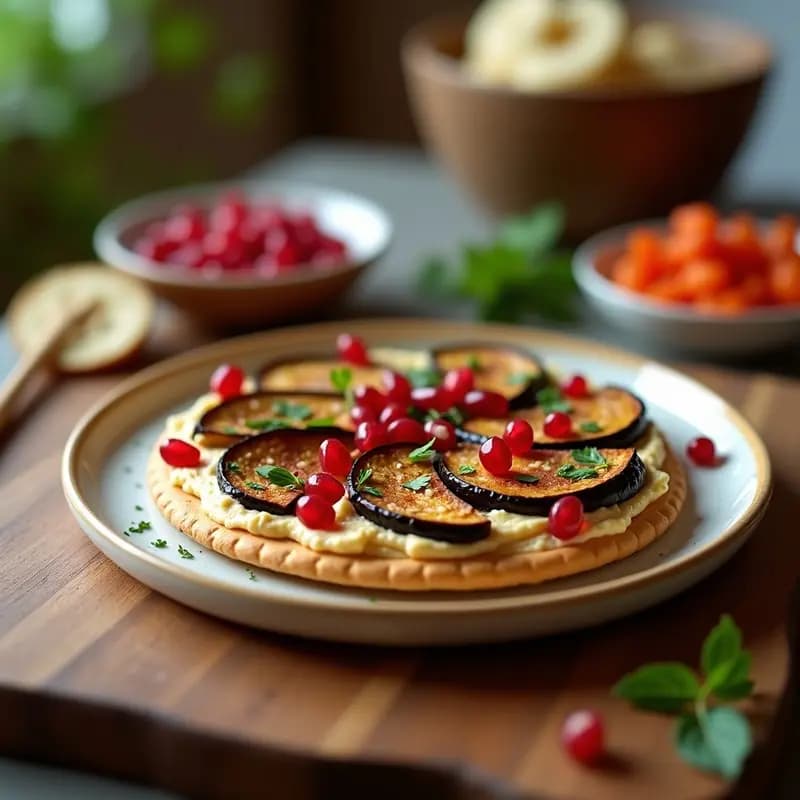 Pizza de Galletas Saladas con Base de Hummus y Topping de Berenjena Asada: Aperitivo Rápido Sin Horno