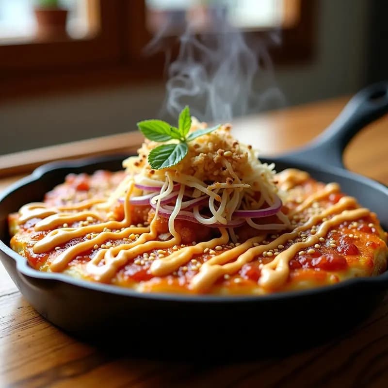 Pizza Japonesa Okonomiyaki con Repollo y Salsa Umami: Receta de Estilo Osaka en Sartén