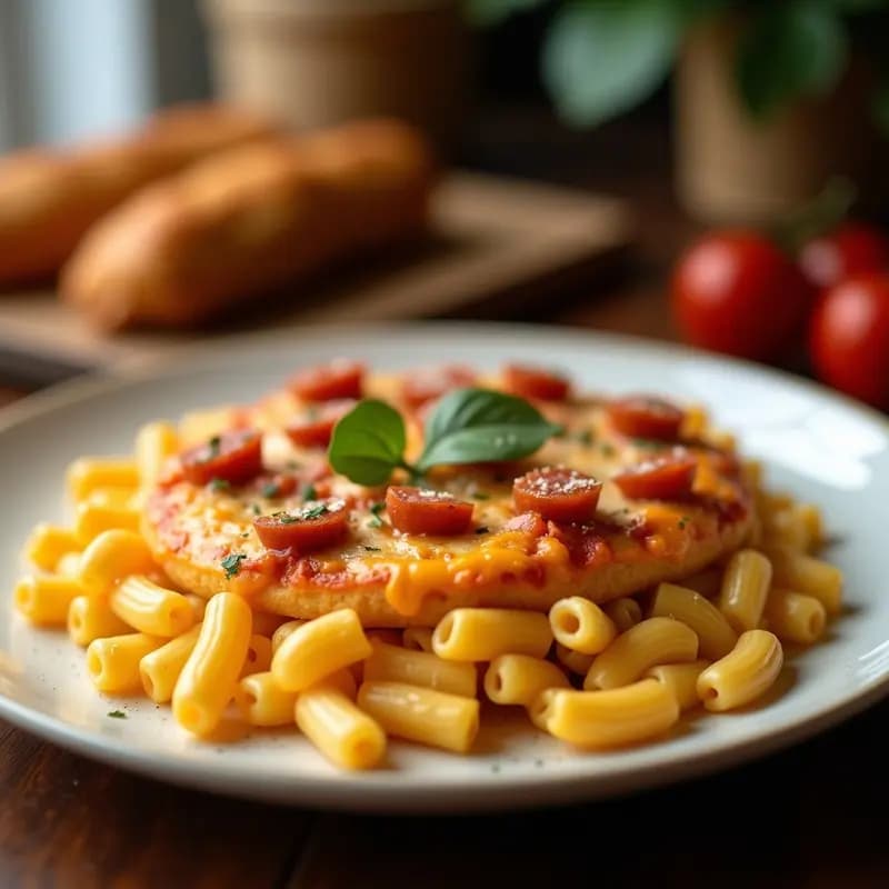 Pizza Mac & Cheese: Base de Doritos con Queso Cheddar y Toppings de Albóndigas Fritas