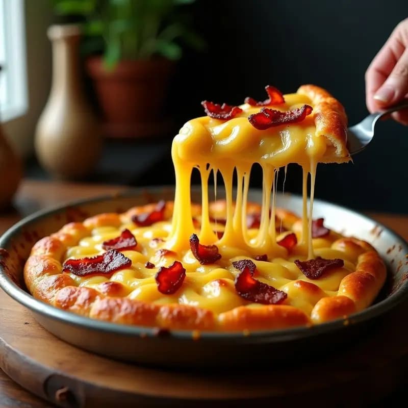 Pizza de Macarrones con Queso Cheddar y Bacon Crujiente: Receta Hipercalórica para Antojos Extremos