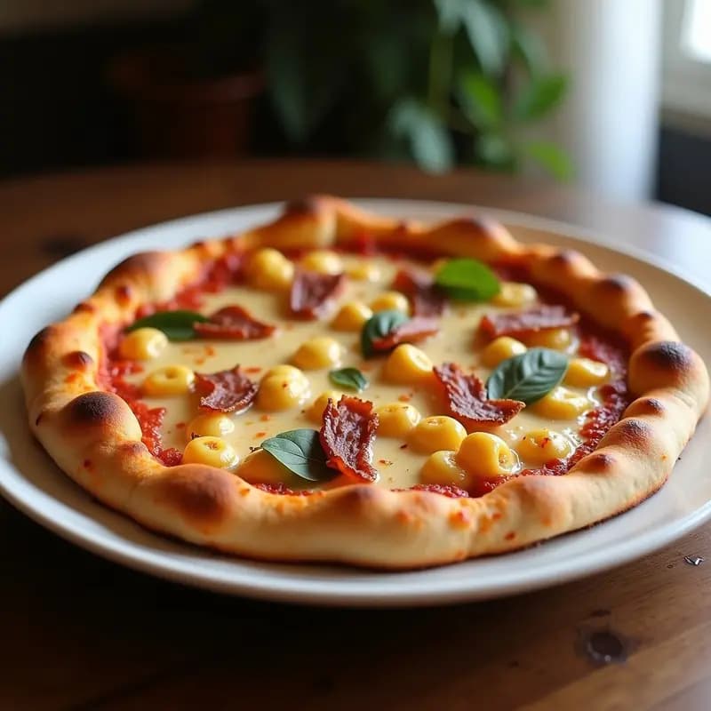 Pizza de Macarrones con Salsa Alfredo y Bacon Crujiente: Explosión de Carbohidratos y Grasa