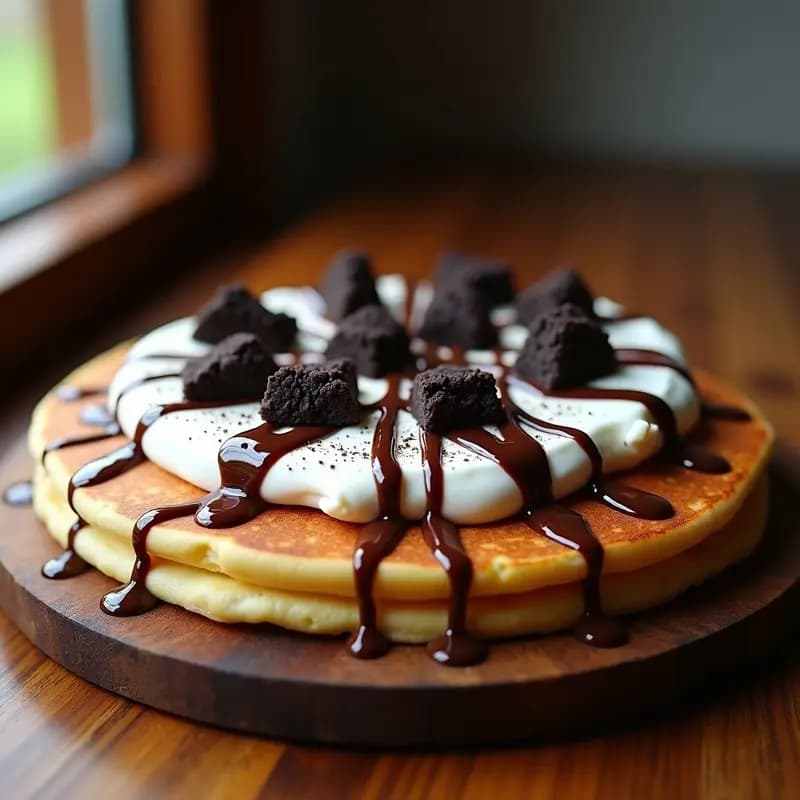 Pizza de Panqueques con Sirope de Chocolate y Trozos de Galleta Oreo: Desayuno o Cena Decadente