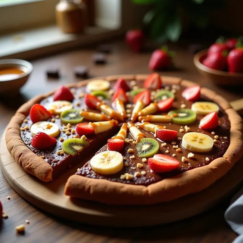 Pizza de Postre con Base de Brownie, Salsa de Caramelo y Toppings de Frutas: La Pizza que no te Esperabas