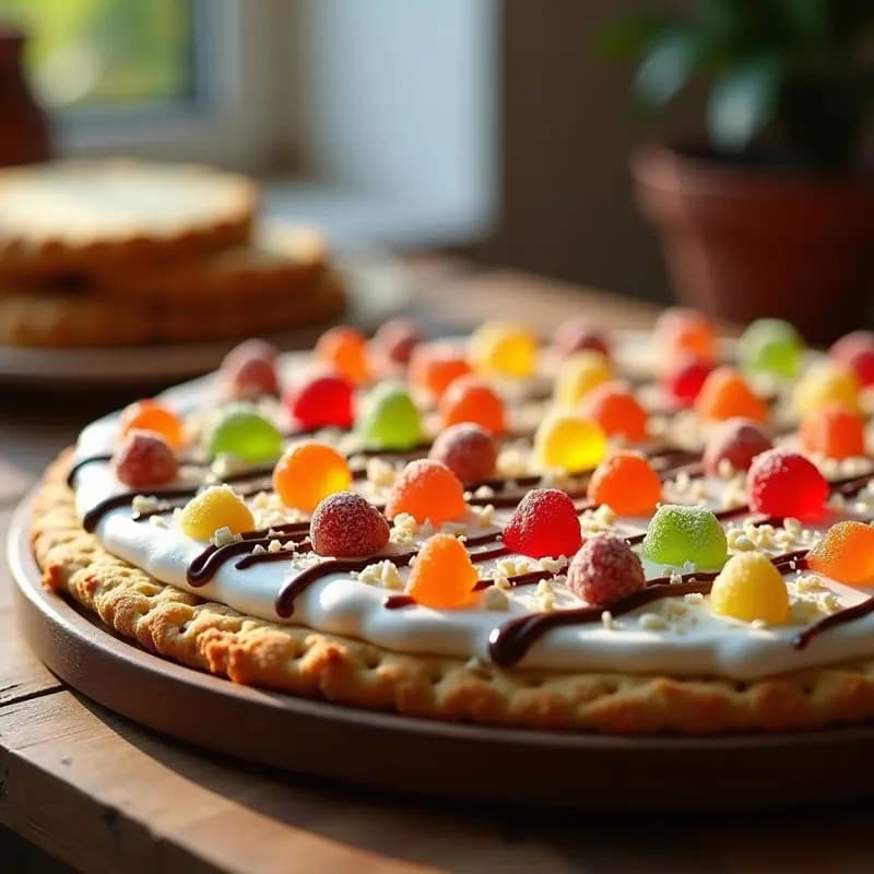 Pizza de Postre con Base de Galleta, Crema de Marshmallow y Toppings de Gominolas: Dulzura Extrema