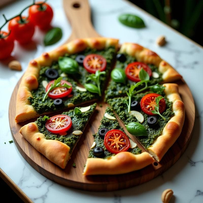 Pizza Vegana de Base de Col Rizada con Pesto de Albahaca y Tomates Secos