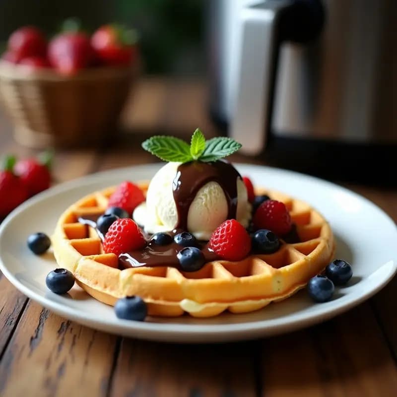 Pizza de Waffle con Helado de Vainilla y Salsa de Chocolate: Desayuno o Postre en Airfryer