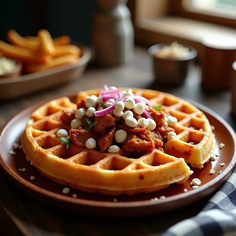 Pizza de Waffle con Toppings de Pollo a la barbacoa, Queso Azul y Miel: Desayuno o Cena Extrema