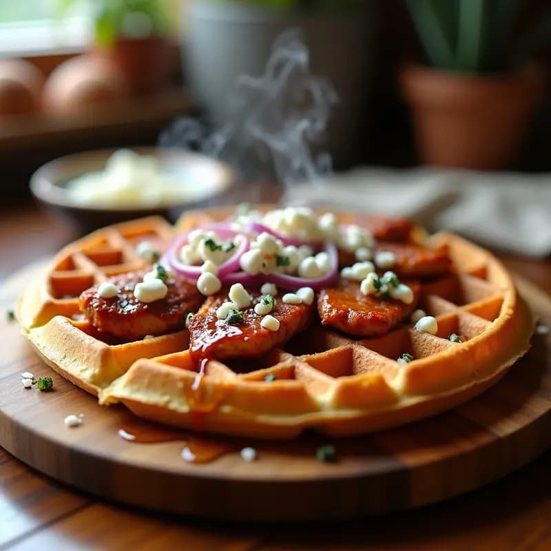 Pizza de Waffle con Pollo a la BBQ, Queso Azul y Sirope de Arce: el Desayuno que es una Cena