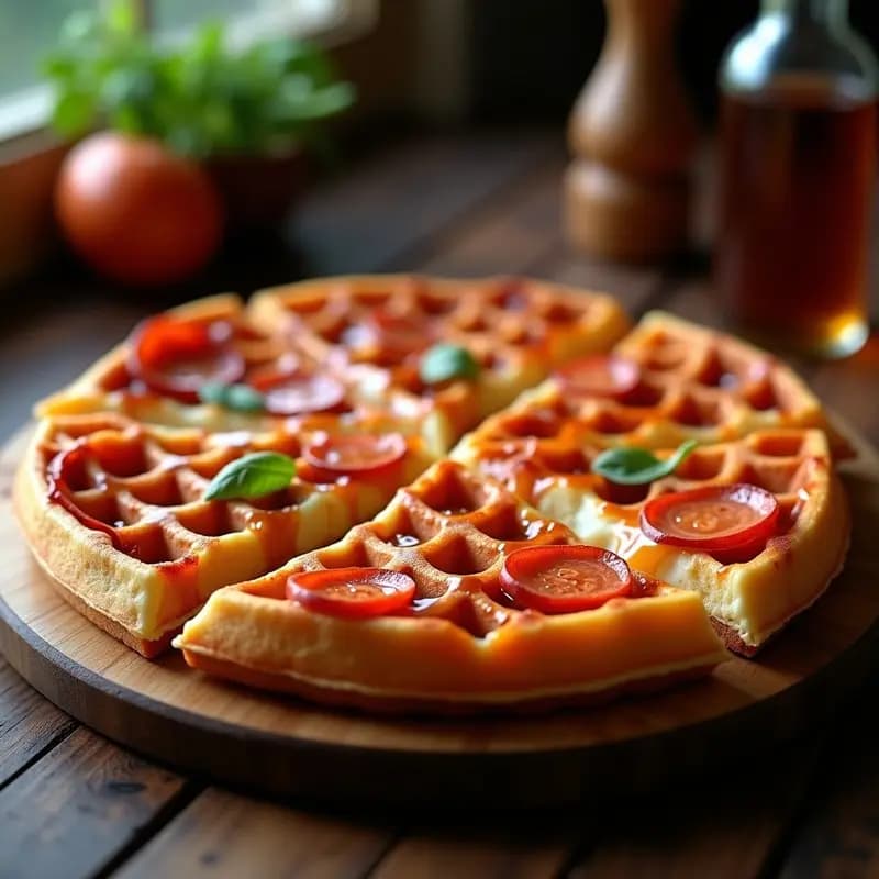 Pizza de Waffles con Pepperoni, Queso Mozzarella y Jarabe de Arce: Desayuno o Cena en 15 Minutos