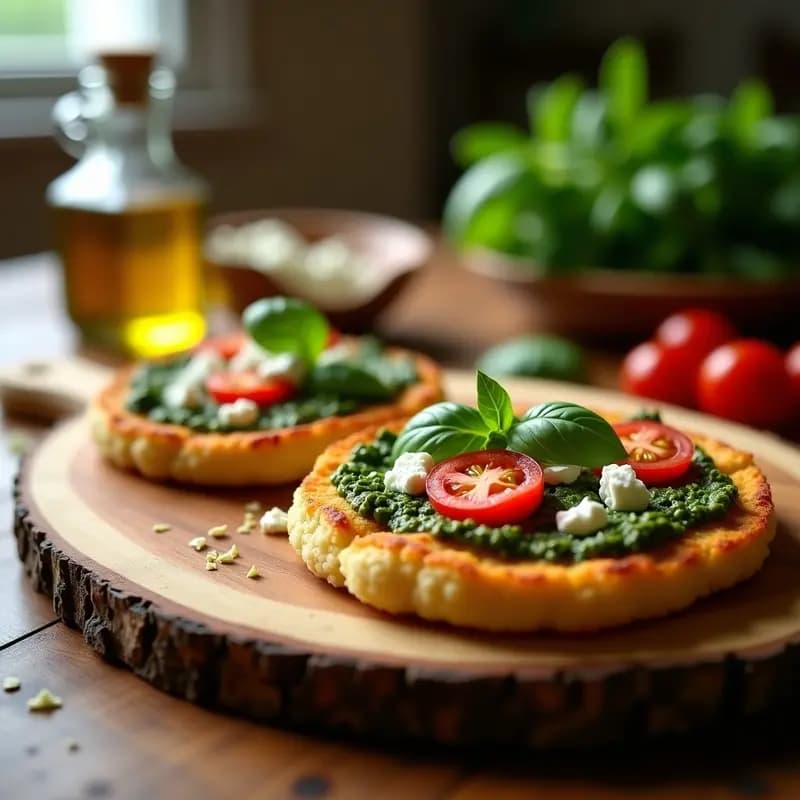 Pizzeta de Coliflor con Pesto de Espinacas y Queso de Cabra: Receta Italiana Keto en 15 Minutos