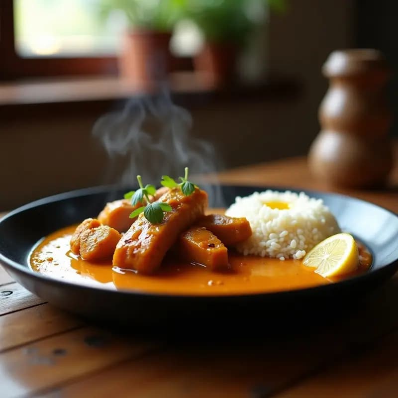 P injection de Pollo al Curry: Receta Sudafricana con Puré de Calabaza y Arroz Basmati