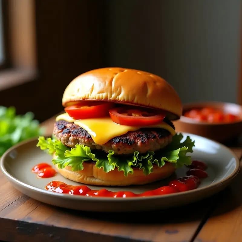 Pljeskavica Serbia de Carne Mixta con Ajvar: Hamburguesa Balcánica en Pan de Pogaca