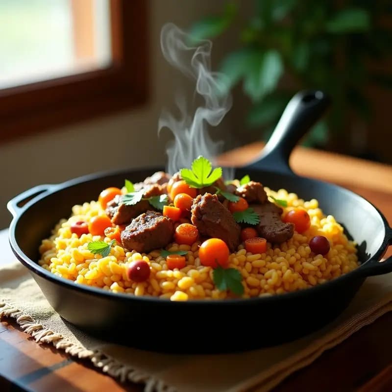 Plov Uzbekistán: Arroz con Cordero, Zanahorias y Pasas en Caldero Tradicional