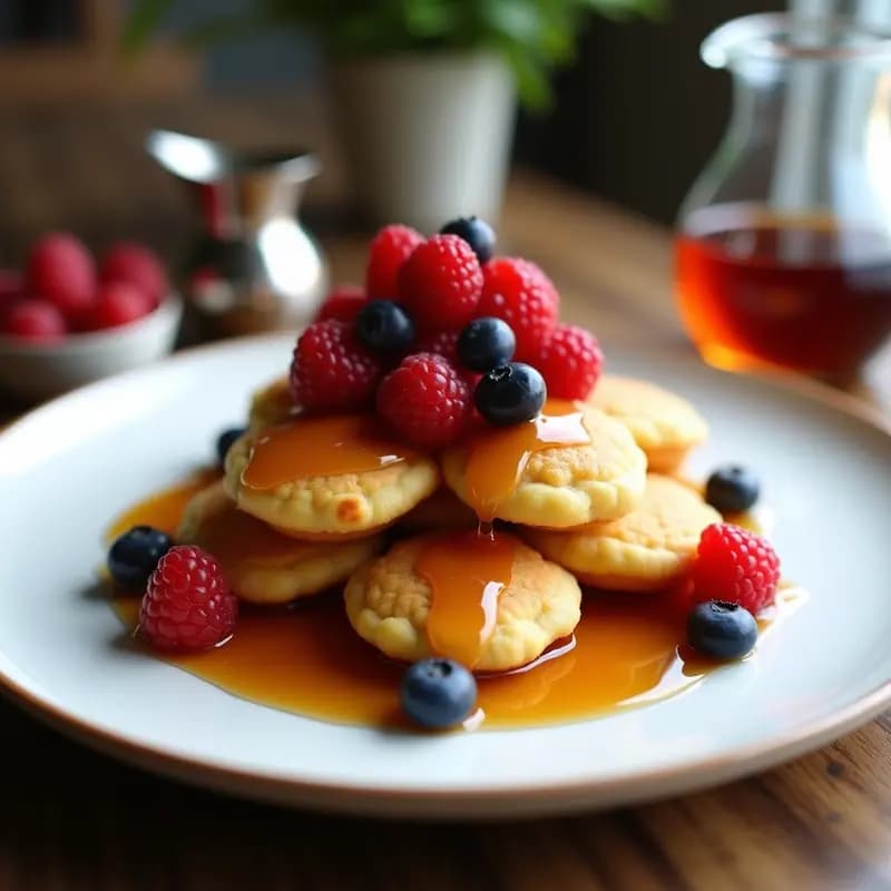 Pofferjes Holandeses: Mini Panqueques Esponjosos con Sirop de Arce y Frutos Rojos