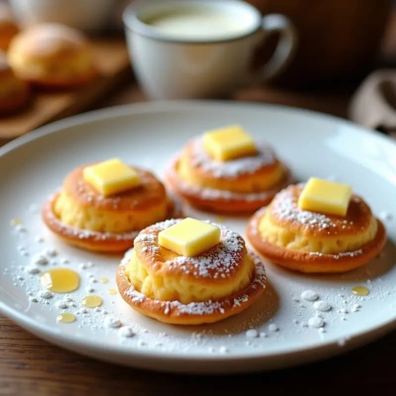 Poffertjes Holandesas con Mantequilla y Azúcar Glass: Mini Panqueques Esponjosos para Desayuno
