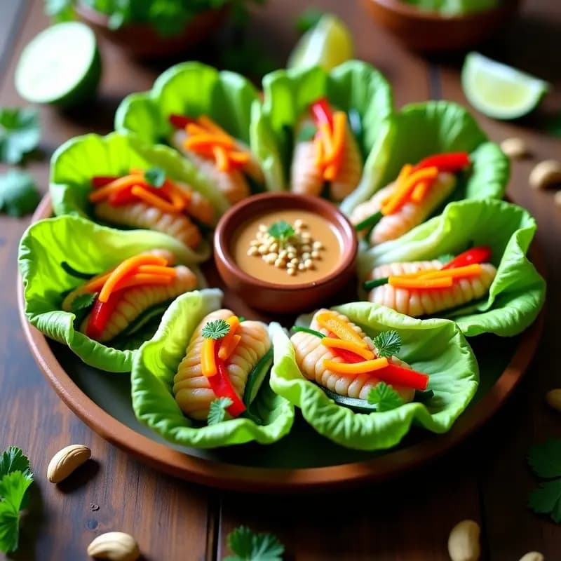 Poh Piah Tailandés: Rollitos Frescos de Verduras y Camarones con Salsa de Tacahuete