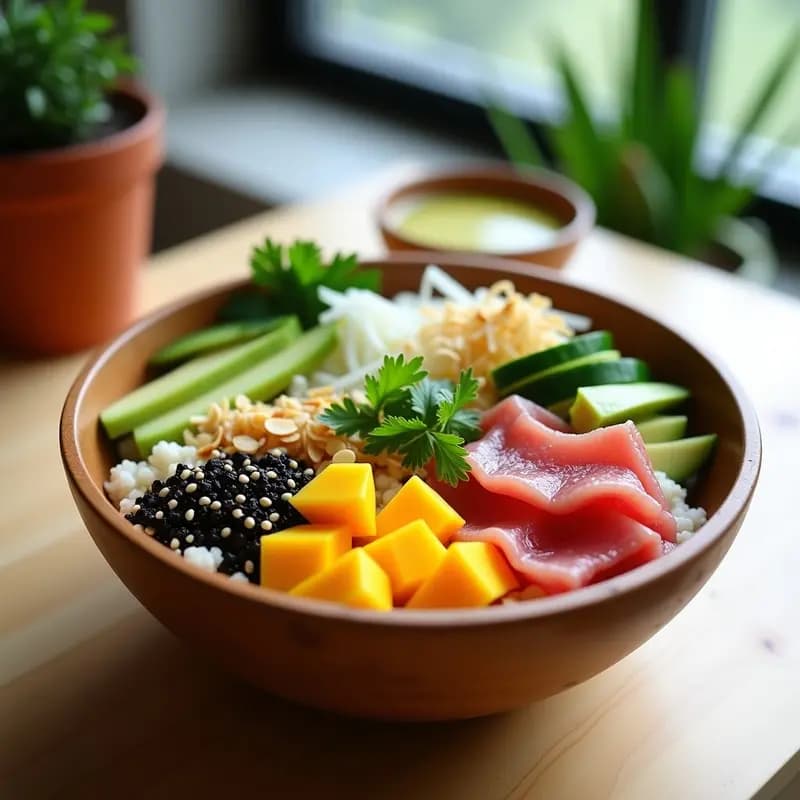 Poke Bowl de Atún con Mango y Salsa de Sésamo: Receta Hawaiana Fresca y Keto
