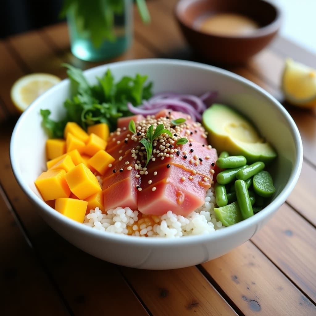 Poke Bowl de Atún con Mango y Vinagreta de Sésamo: Receta Asiática Alta en Proteína