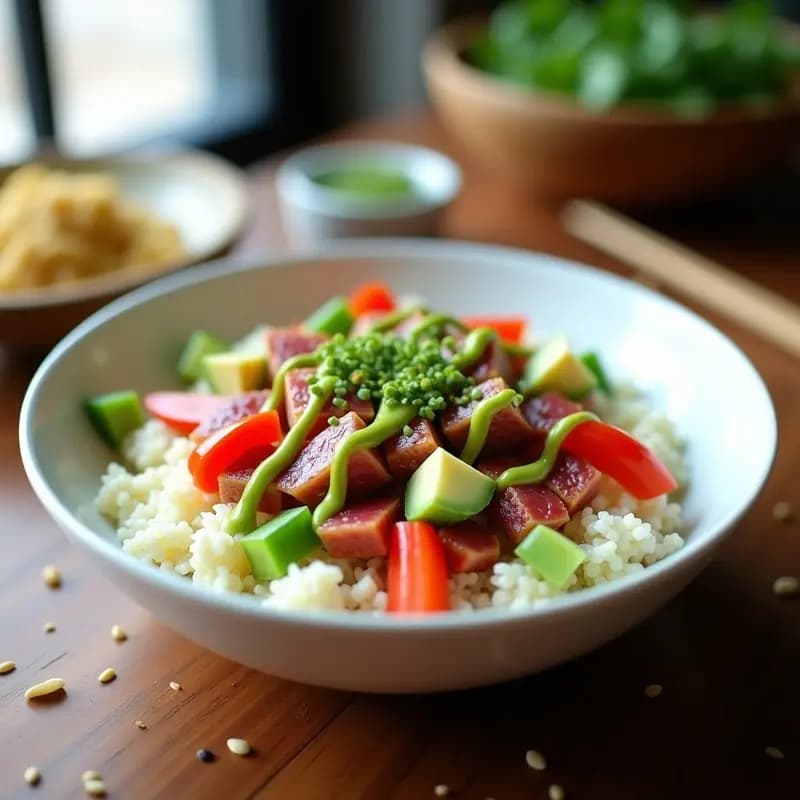Poke Bowl de Coliflor Rizada y Atún con Aderezo de Wasabi: Receta Keto Fusion Japonesa-Hawaiana