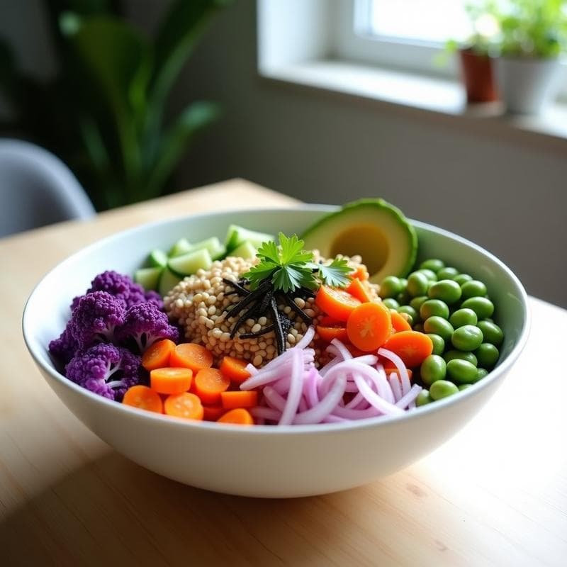 Poke Bowl de Coliflor Morada y Edamame con Aliño de Tamarindo: Receta Vegana y Sin Cocción