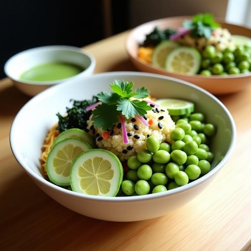 Poke Bowl de Coliflor Rizada con Aguacate y Aliño de Wasabi: Receta Keto y Vegana para Llevar