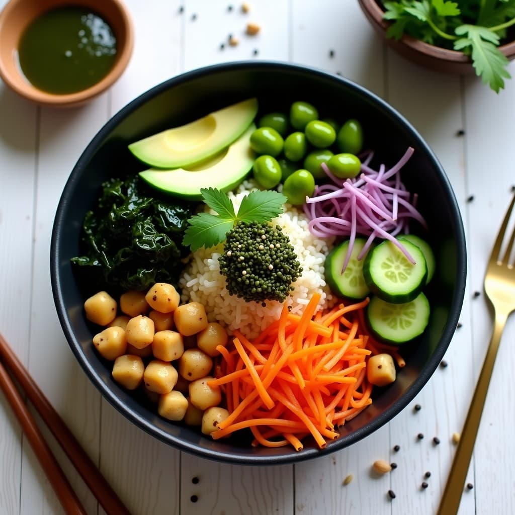 Poke Bowl de Garbanzos y Aguacate con Vinagreta de Algas: Receta Vegana y Sin Arroz