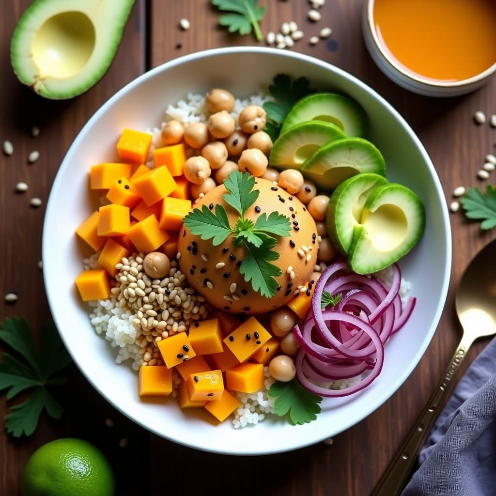 Poke Bowl de Garbanzos y Mango con Aderezo de Cítricos: Receta Vegana y Proteica