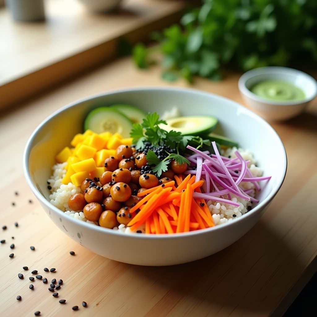 Poke Bowl de Garbanzos y Mango con Salsa de Wasabi: Receta Hawaiana Vegana y Sin Pescado