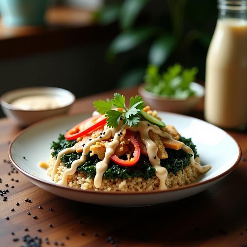 Poke Bowl de Jackfruit Marinado y Lecho de Algas: Receta Hawaiana Vegana con Salsa de Macadamia