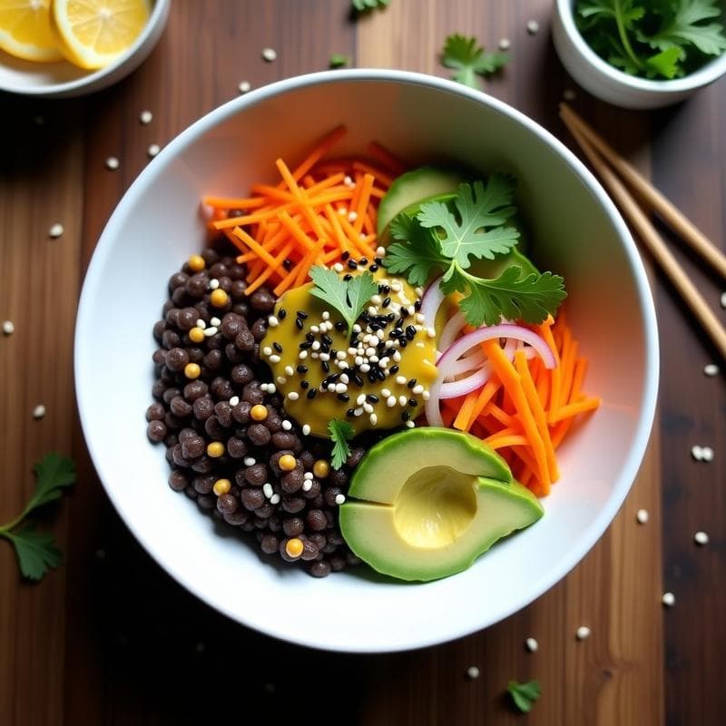 Poke Bowl de Lentejas Beluga con Aguacate y Aliño de Yuzu: Receta Keto y Sin Pescado
